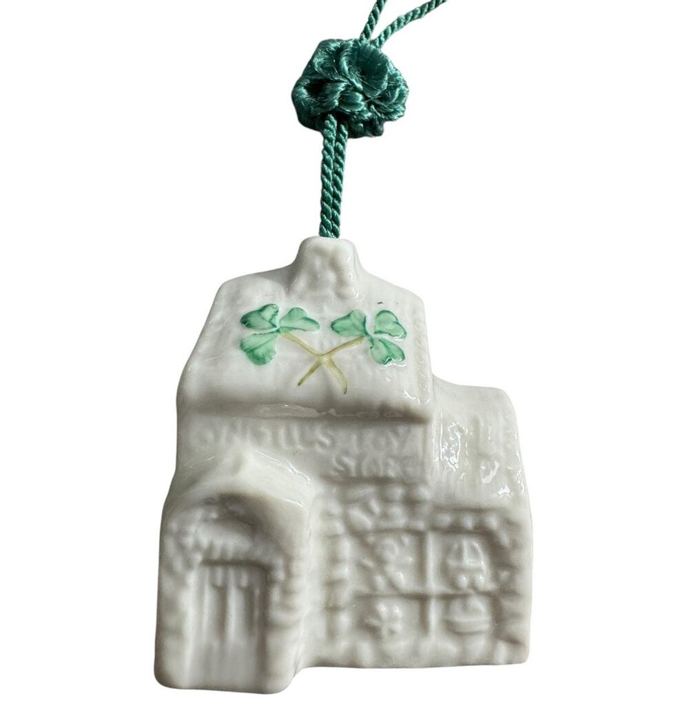 NWB Vintage Irish Belleek Porcelain Christmas ornament O'Neill's toy shop in Box